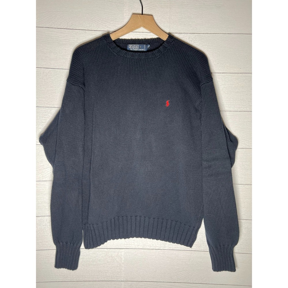Polo By Ralph Lauren Vintage Knit Ribbed Cuff Hem Sweater Mens XXL Navy Red Pony